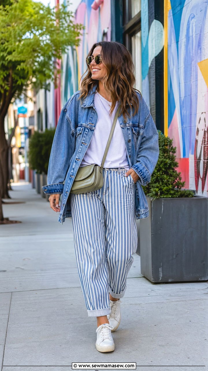 Striped Pants And Oversized Denim Jacket - 35 spring everyday outfit ideas