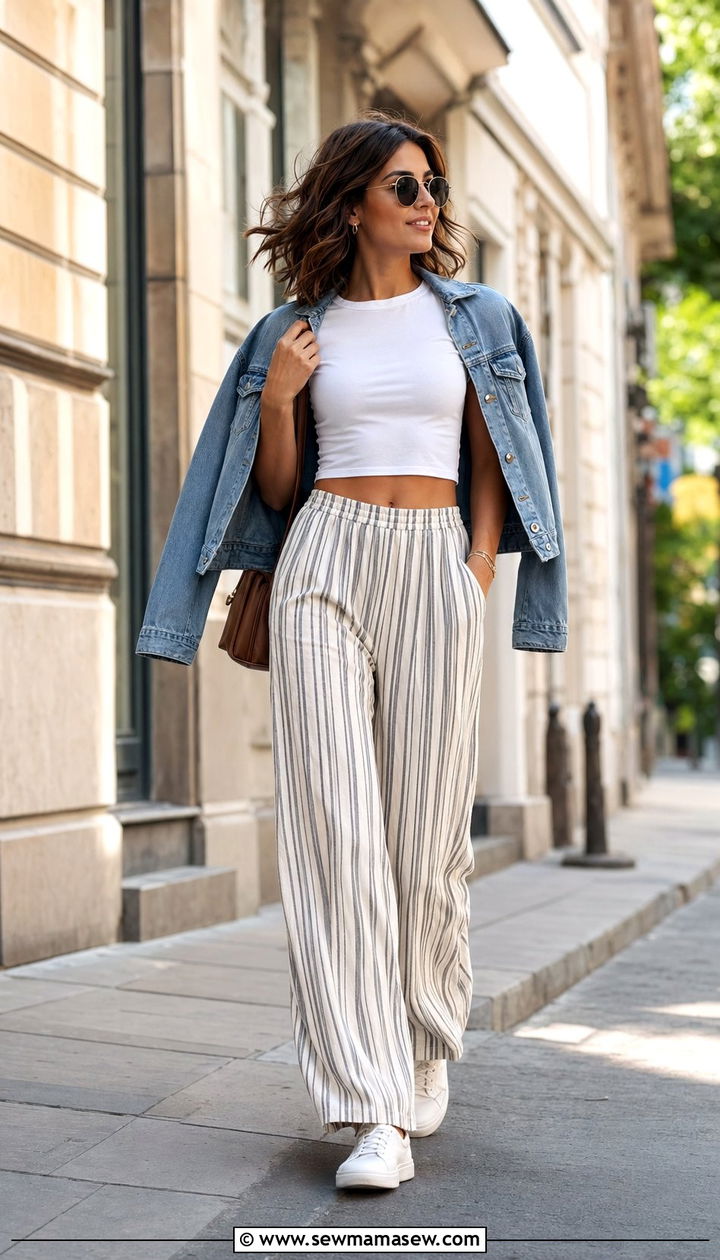 Striped Pants and Cropped Tee with Denim Jacket - 30 80 degree weather outfits