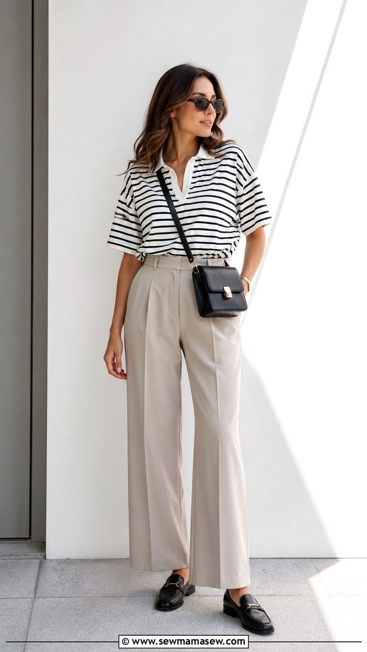 Striped Polo With Wide Leg Tailored Pants And Loafers - 30 Sporty chic outfit ideas 2026