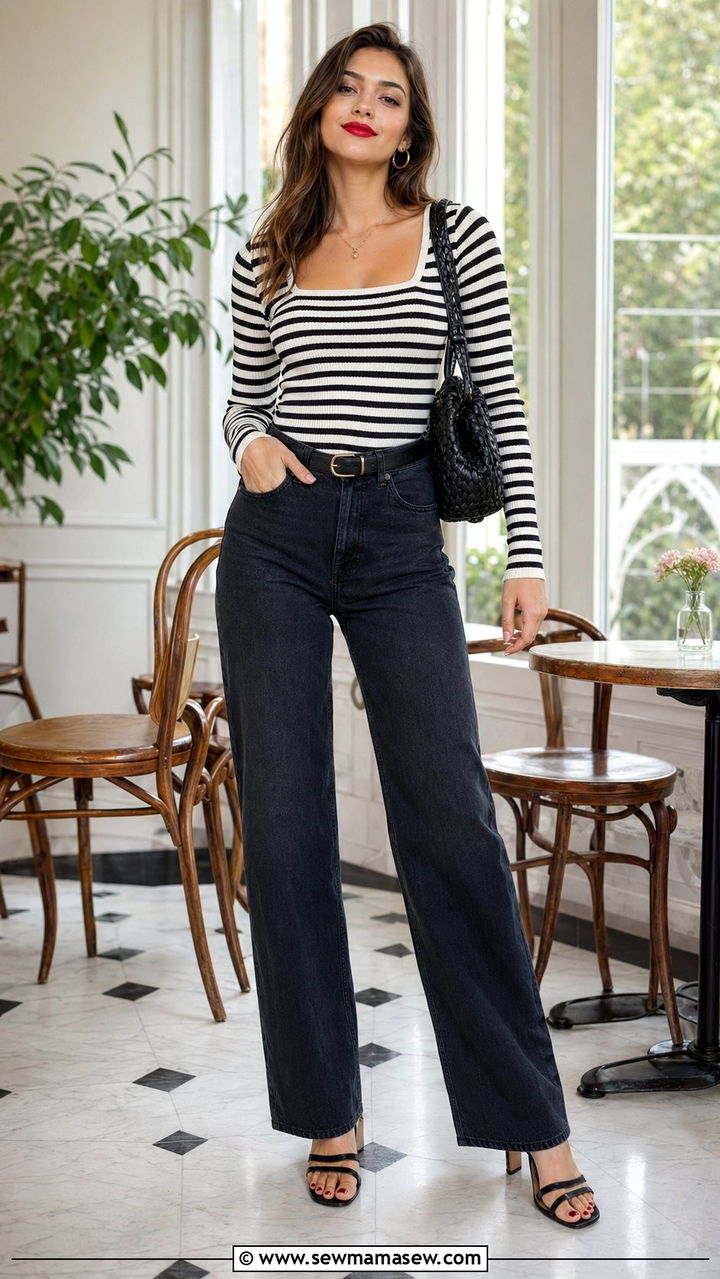 Striped Ribbed Top With High Waist Jeans Outfit - 30 90s outfit ideas for women over 40