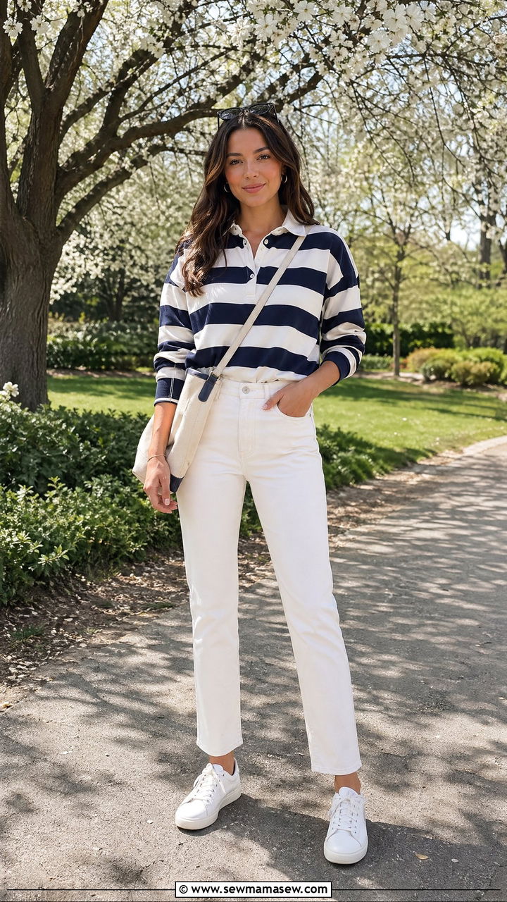 Striped Rugby Shirt with High Waisted White Jeans - 35 spring preppy outfits