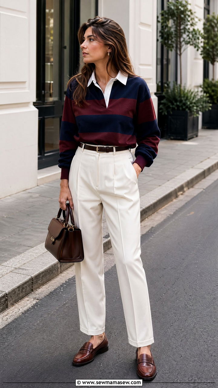 Striped Rugby Shirt with Tailored Trousers Outfit - 35 transitional sporty chic outfit ideas