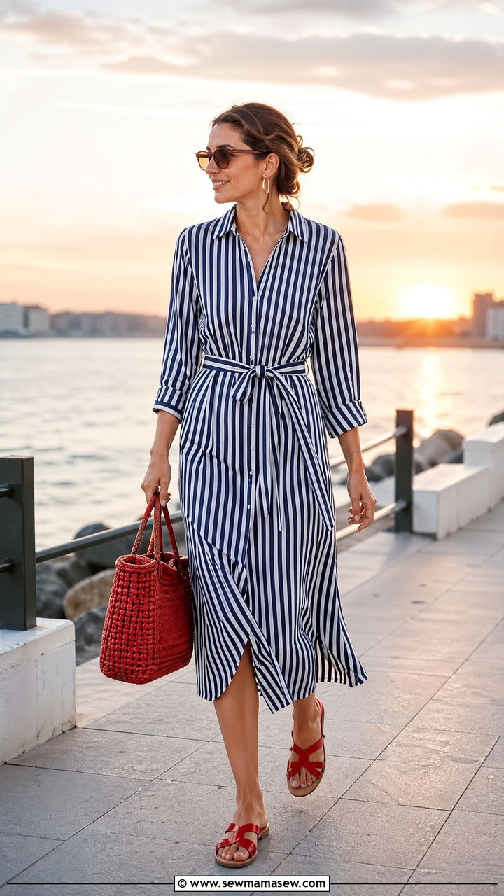 Striped Shirt Dress With Red Sandals Outfit - 35 Summer outfits with shirt dresses