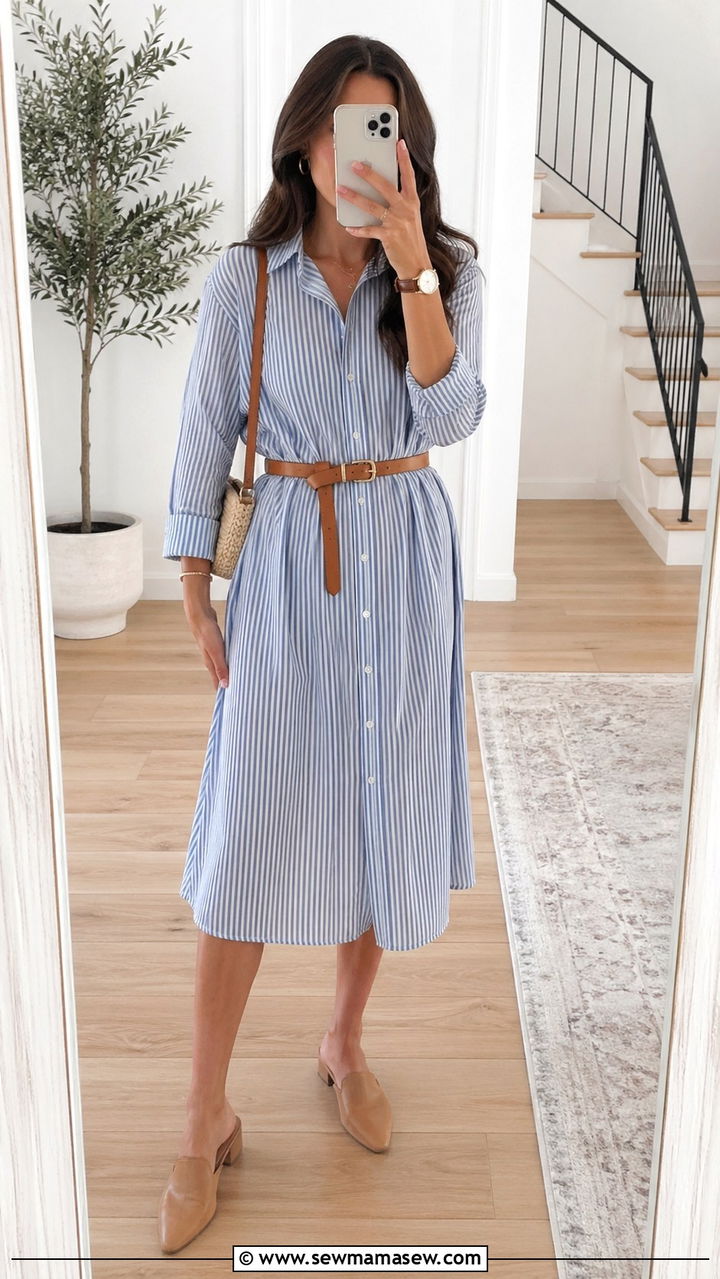 Striped Shirt Dress with Belt - 30 spring modest outfit ideas