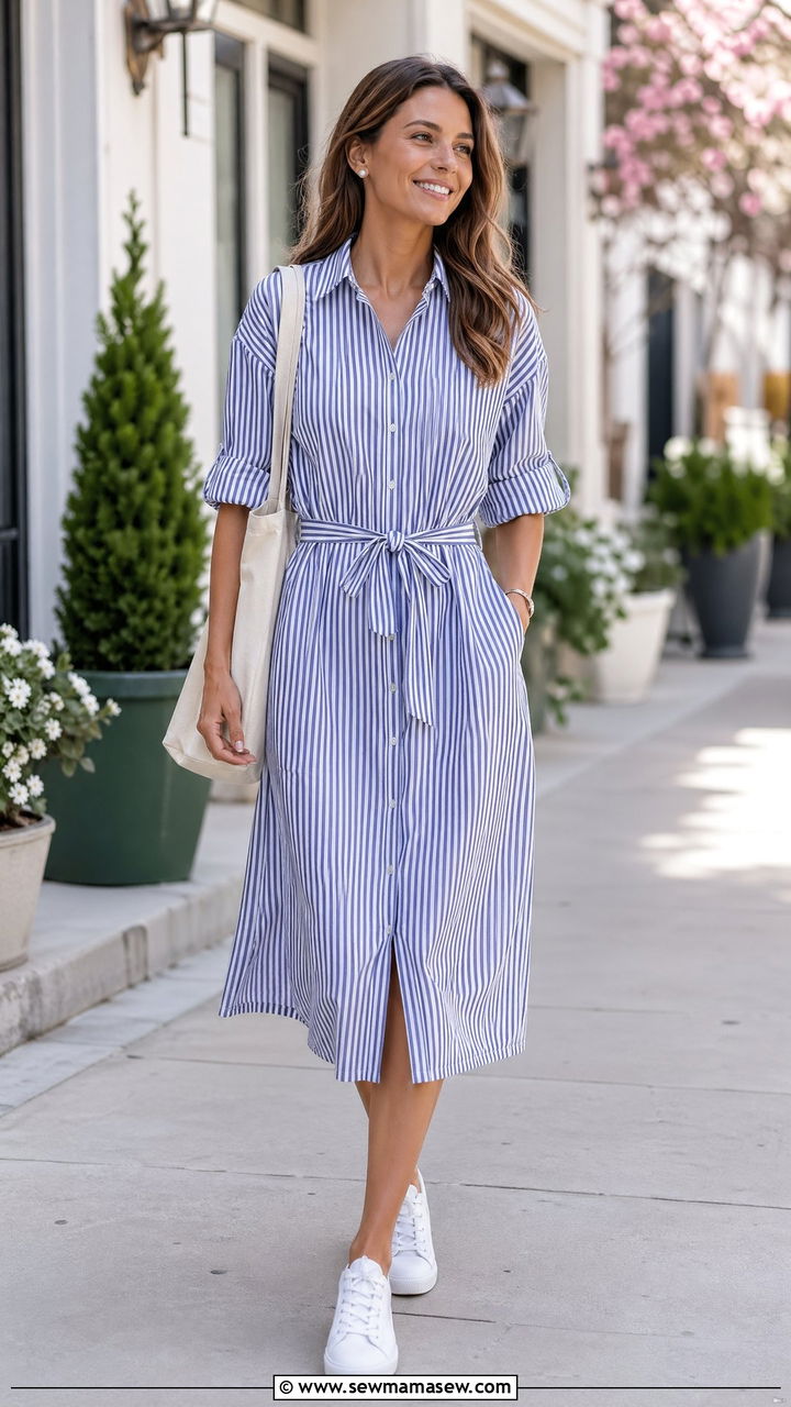 Striped Shirt Dress with Canvas Sneakers - 35 spring outfit ideas casual