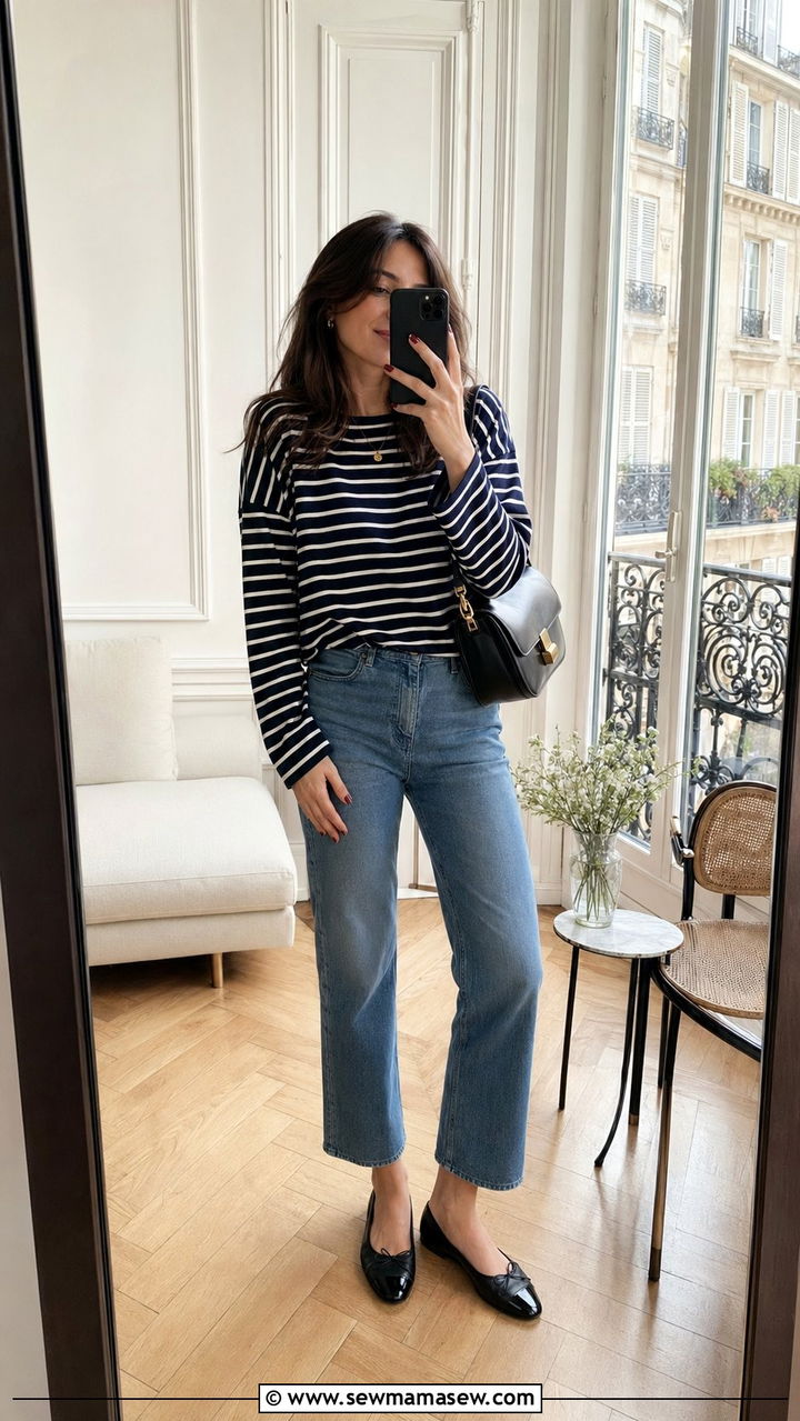 Striped Shirt With Jeans and Cap Toe Ballet Flats - 35 Parisian spring outfit ideas