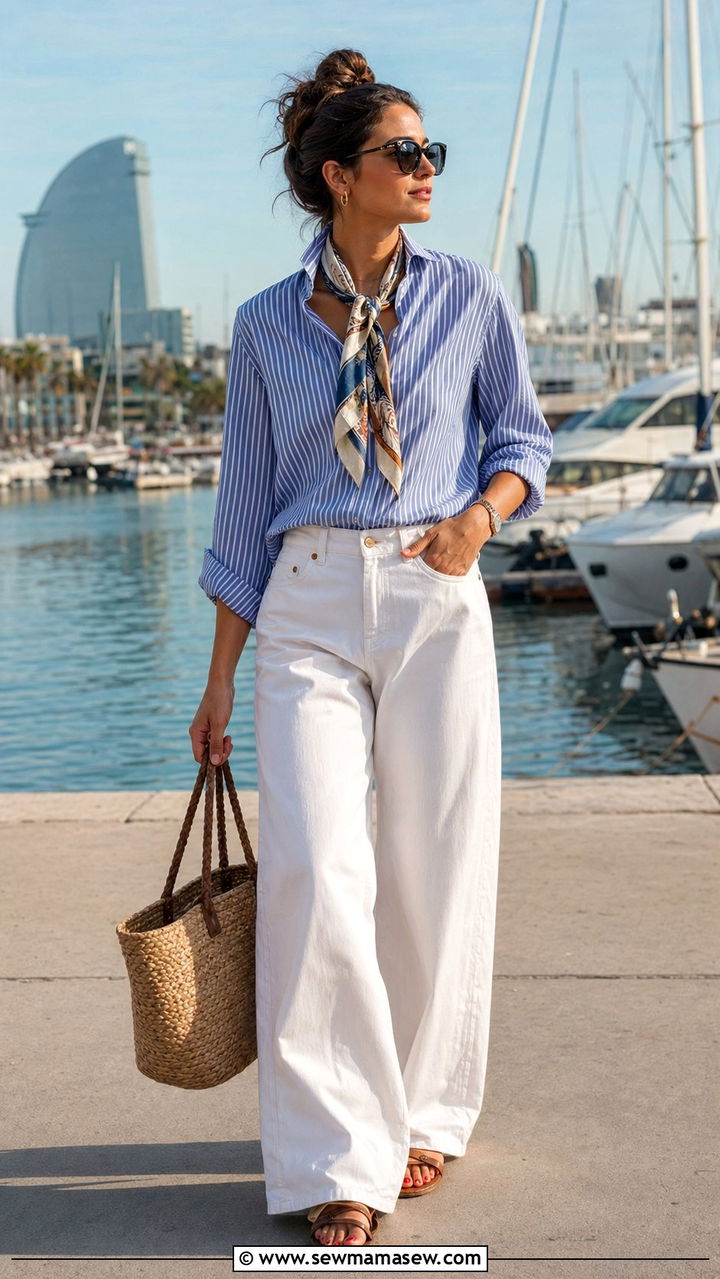 Striped Shirt and White Wide Leg Jeans Barcelona Outfit - 30 Barcelona outfit ideas