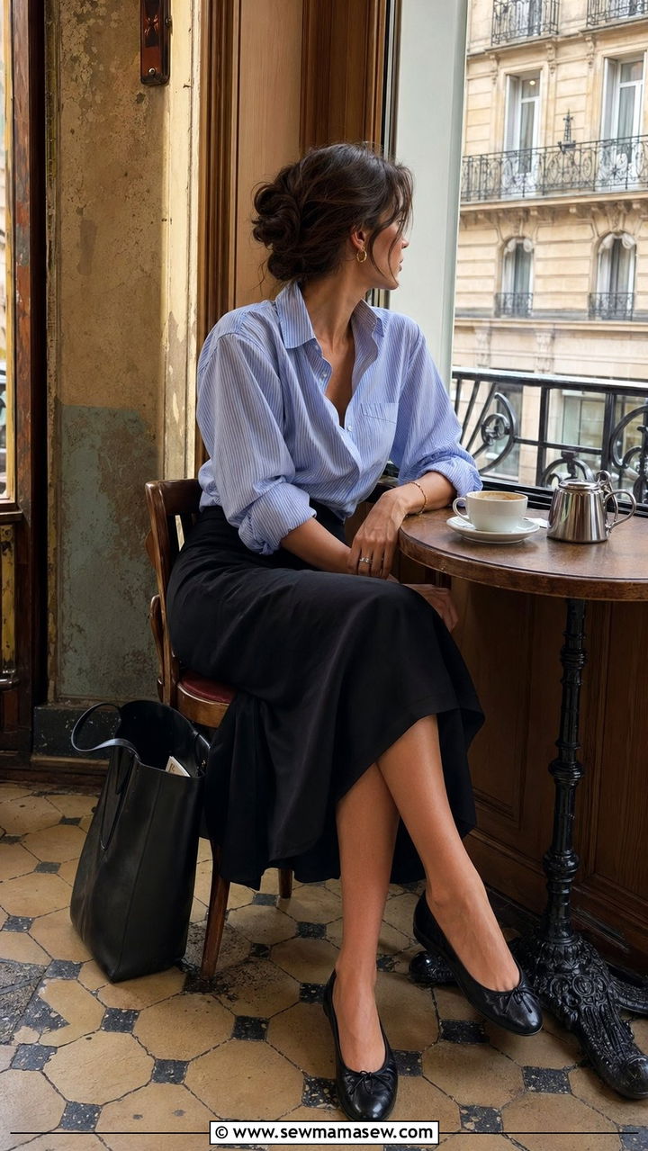 Striped Shirt with Black Midi Skirt - 35 Parisian travel outfits