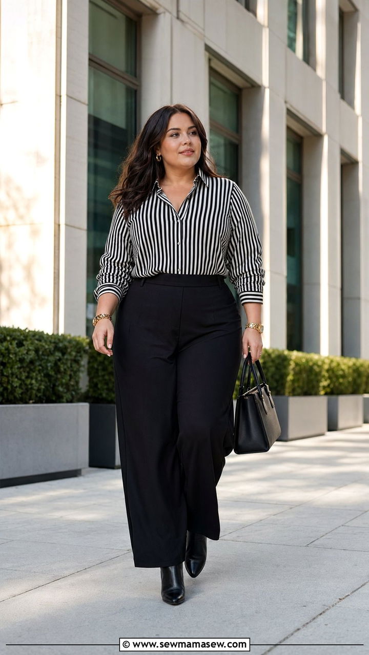 Striped Shirt with Black Wide Leg Pants and Ankle Boots - 30 Work outfits for curvy women