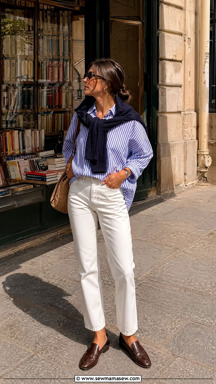 Striped Shirt with White Jeans and Sweater Draped Over Shoulders - 35 Spring Paris outfit ideas