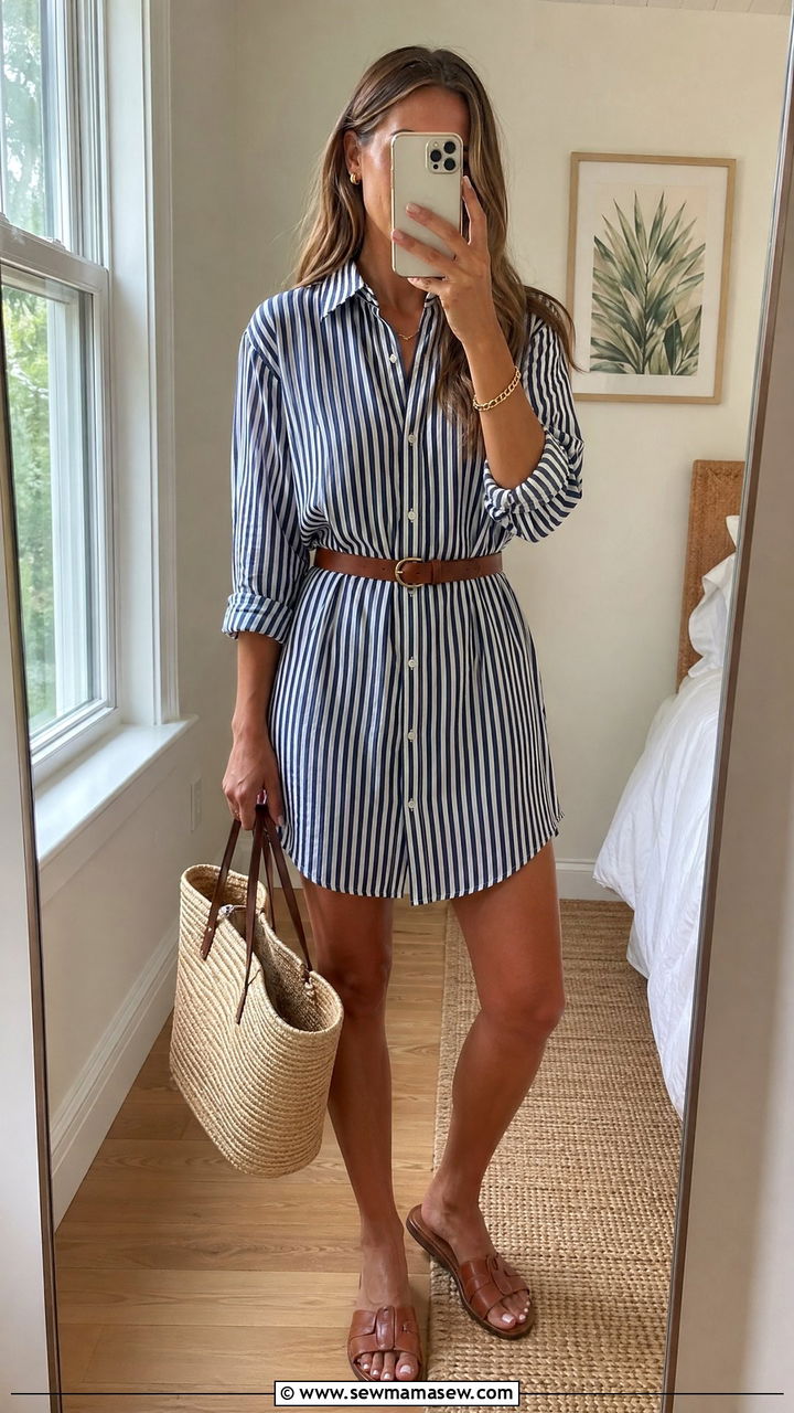 Striped Shirtdress with Brown Leather Belt - 35 summer preppy outfit ideas