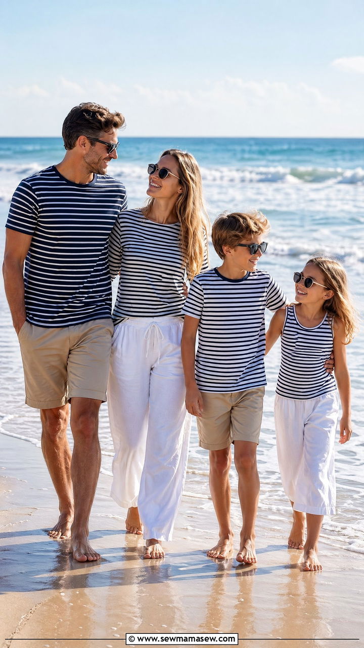Striped Shirts and Khaki Shorts for Beach Family Photos - 35 summer family photo outfit ideas