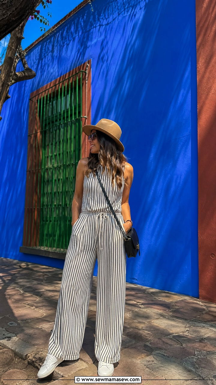 Striped Sleeveless Jumpsuit with Fedora and Sneakers Summer Mexico Outfit - 35 Summer Mexico outfit ideas