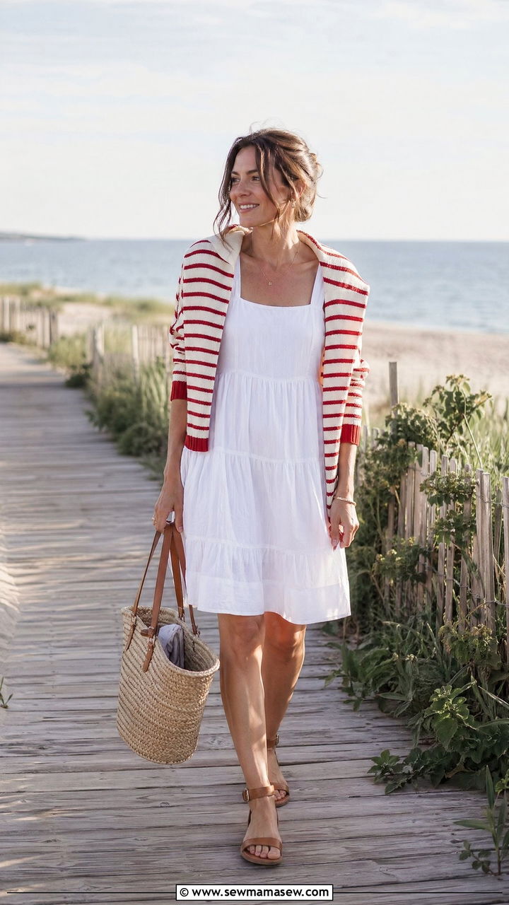 Striped Sweater Over A White Sundress - 35 summer memorial day outfit ideas