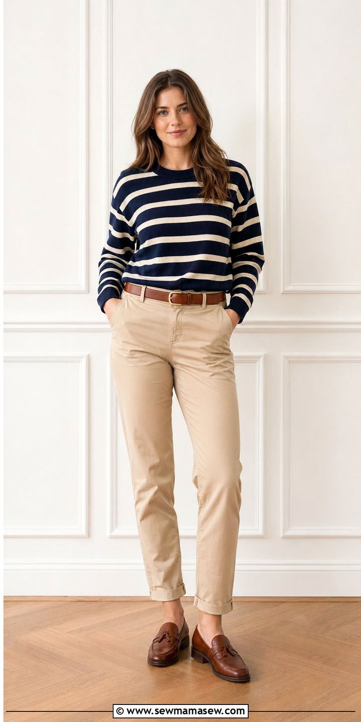 Striped Sweater With Beige Chinos - 30 Back to school outfit ideas modest 2026
