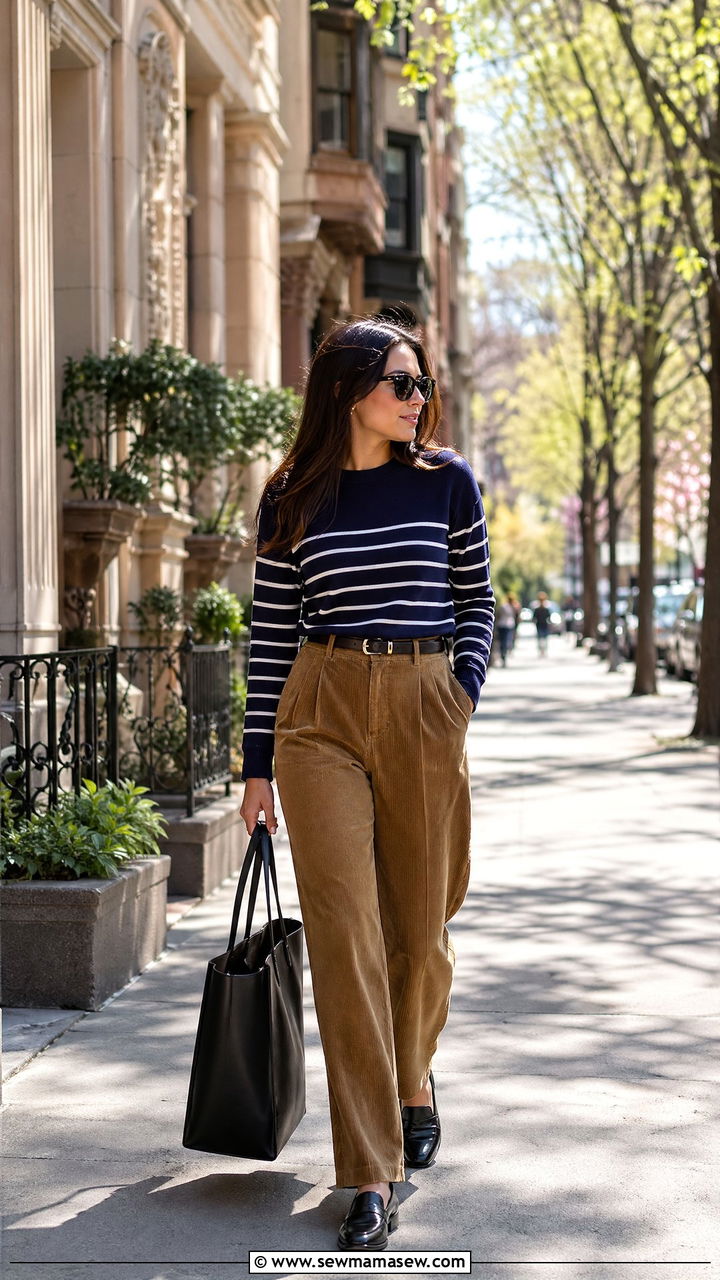 Striped Sweater With Corduroy Trousers And Loafers - 35 Spring New York outfit ideas