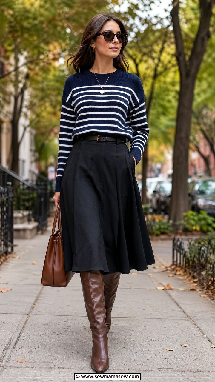 Striped Sweater With Flare Midi Skirt - 35 Skirt outfit ideas for women over 40