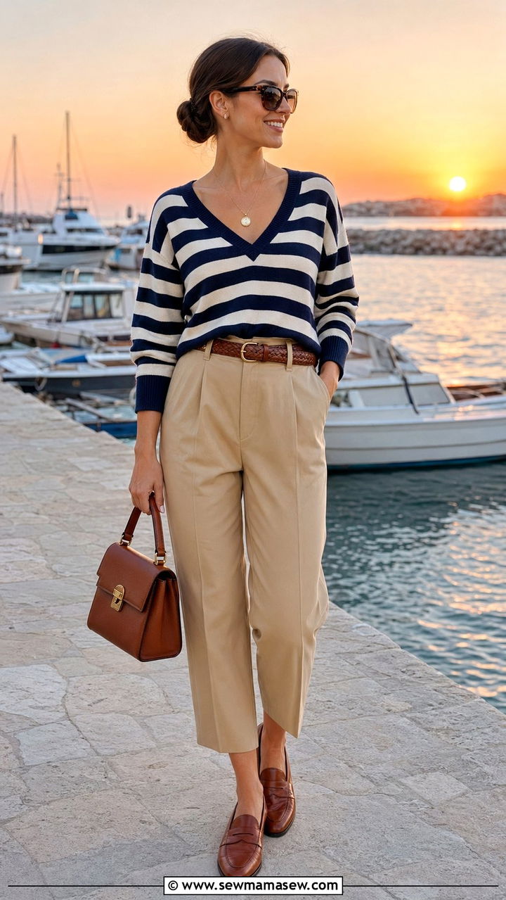 Striped Sweater With Khaki Trousers - 35 Preppy vacation outfits