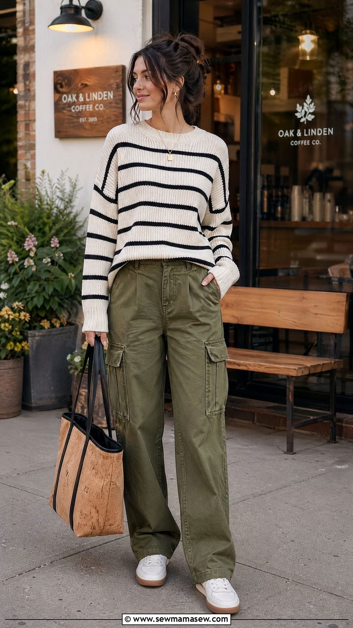 Striped Sweater With Olive Cargo Pants And Cork Handle Tote - 35 Cork outfit ideas