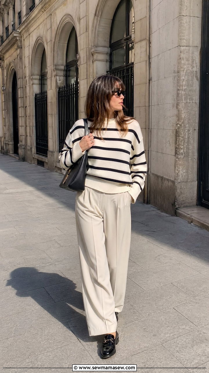 Striped Sweater and Cream Pants Outfit Spring - 35 spring minimalist outfits