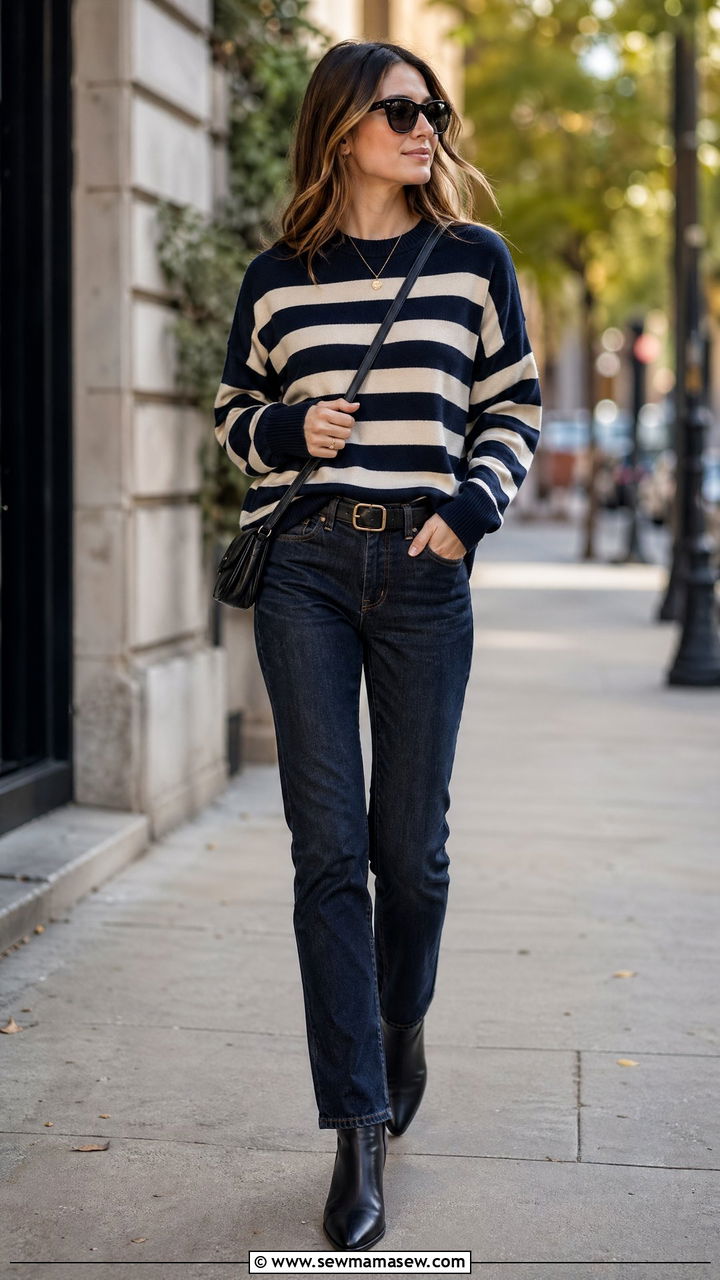 Striped Sweater and Slim Straight Jeans With Boots - 35 cute outfits ideas