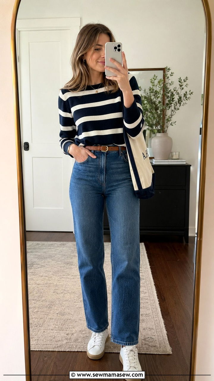 Striped Sweater and Straight Leg Jeans Outfit - 30 back to school outfits aesthetic