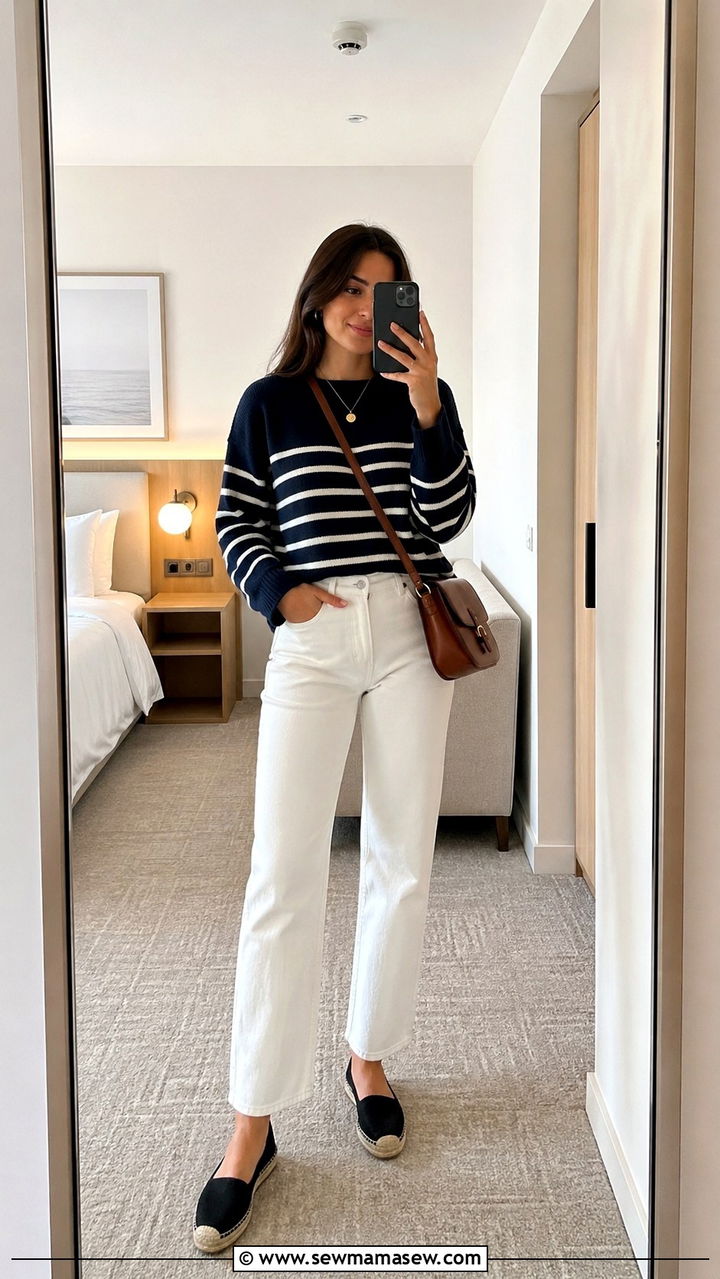 Striped Sweater over White Jeans and Espadrilles - 30 spring europe travel outfit ideas