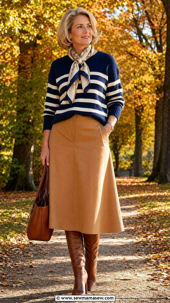 Striped Sweater with ALine Midi Skirt and Boots - 35 Old money outfit ideas for women over 40