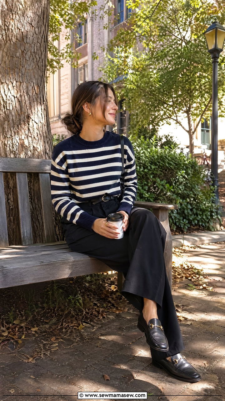 Striped Sweater with Black Wide Leg Trousers and Loafers - 35 college outfits ideas