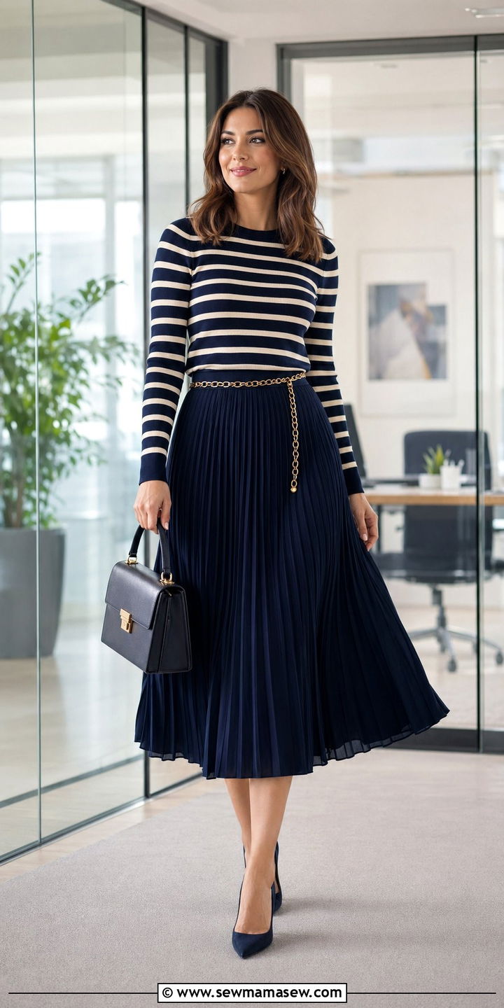 Striped Sweater with Plisse Skirt for Desk to Dinner - 35 Nautical outfit ideas