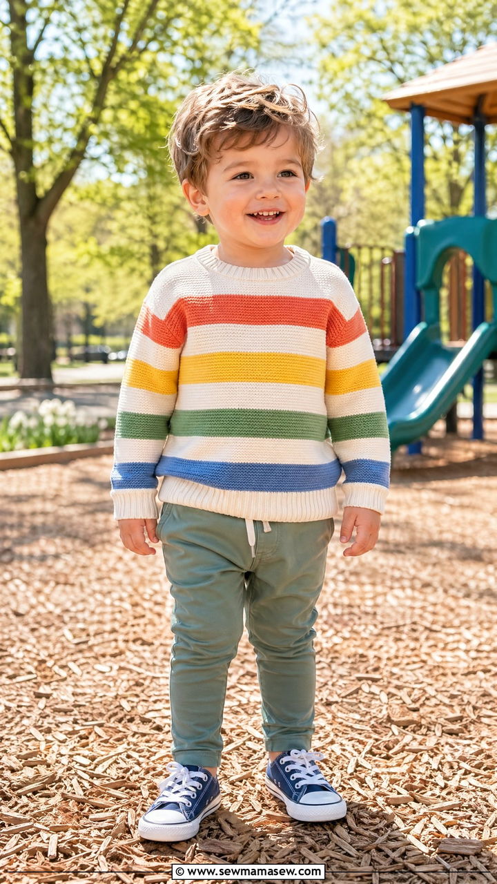 Striped Sweater with Pull On Pants and Sneakers - 35 Spring outfits for toddlers