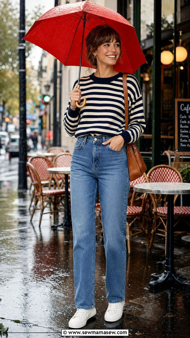 Striped Sweater with Relaxed Jeans and Sneakers Rainy Day - 35 Rainy summer outfits