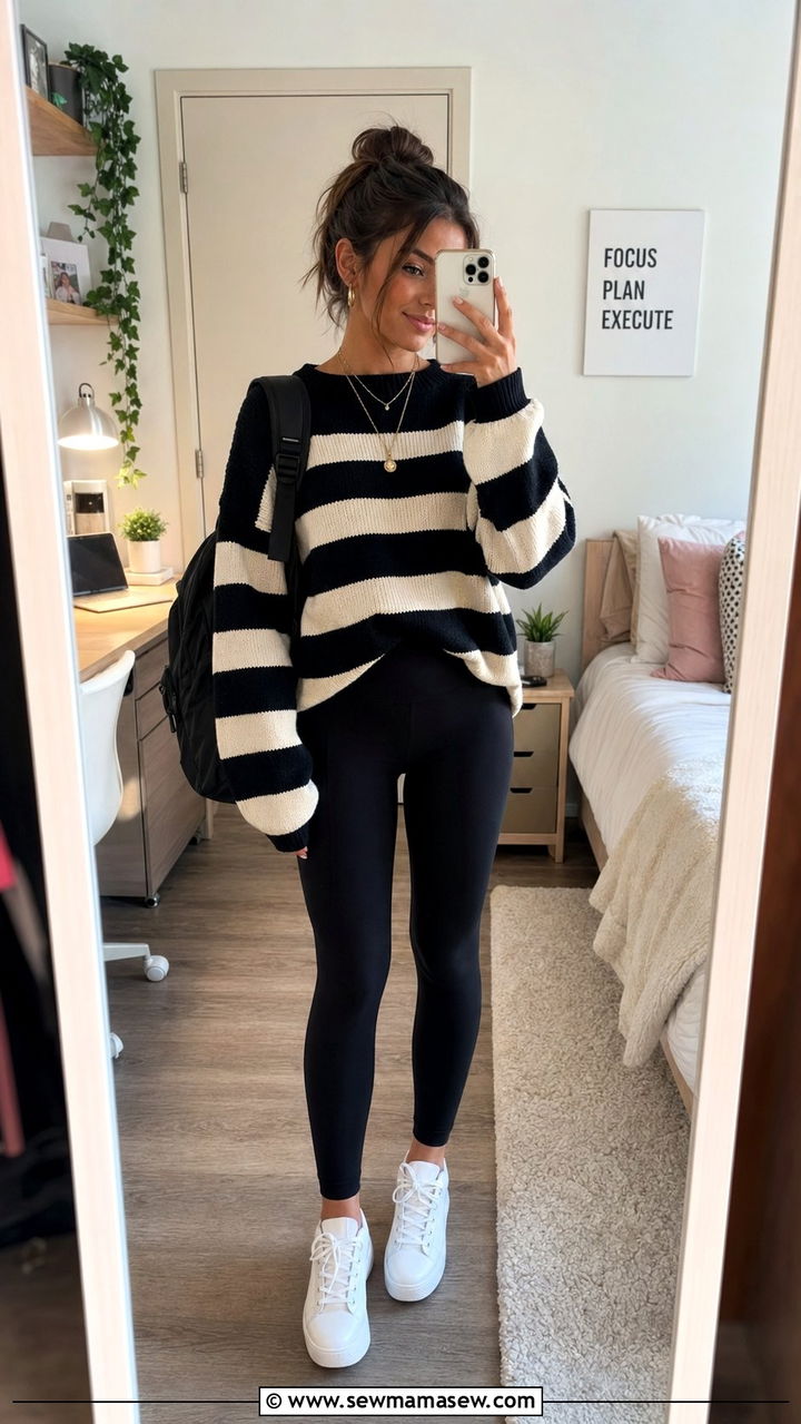 Striped Sweater with Sleek Leggings - 35 school outfits 2026