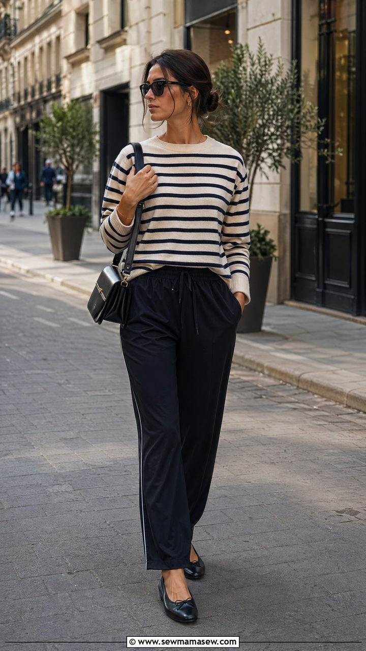Striped Sweater with Track Pants and Ballet Flats Outfit - 35 transitional sporty chic outfit ideas