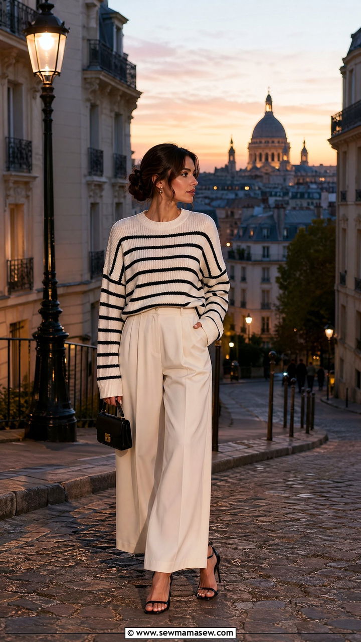 Striped Sweater with Wide Leg Trousers and Strappy Heels - 35 Spring Paris outfit ideas