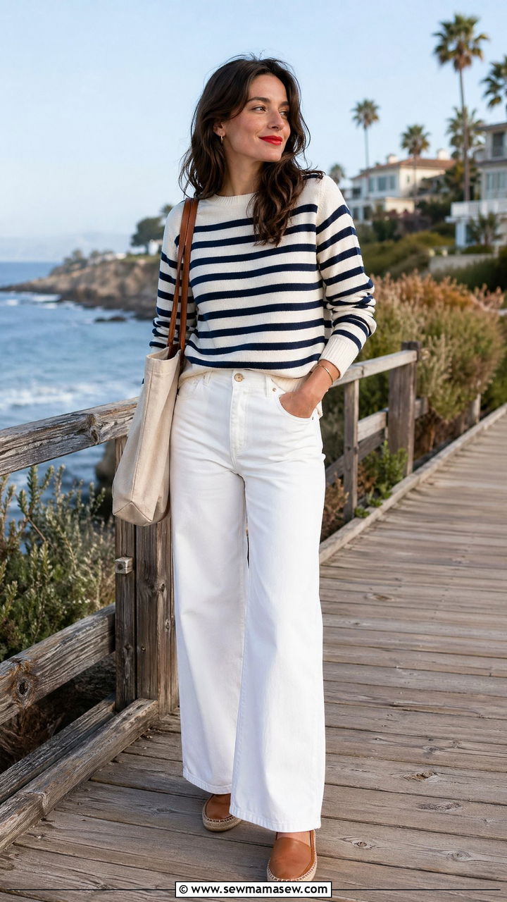 Striped Sweater with Wide Leg White Jeans - 35 classy cute outfits