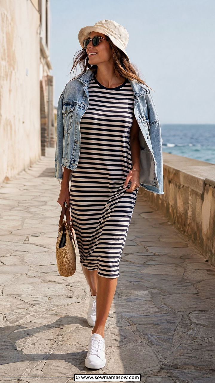 Striped T Shirt Dress With White Sneakers and a Denim Jacket Draped Over Shoulders - 35 summer italy vacation outfit ideas