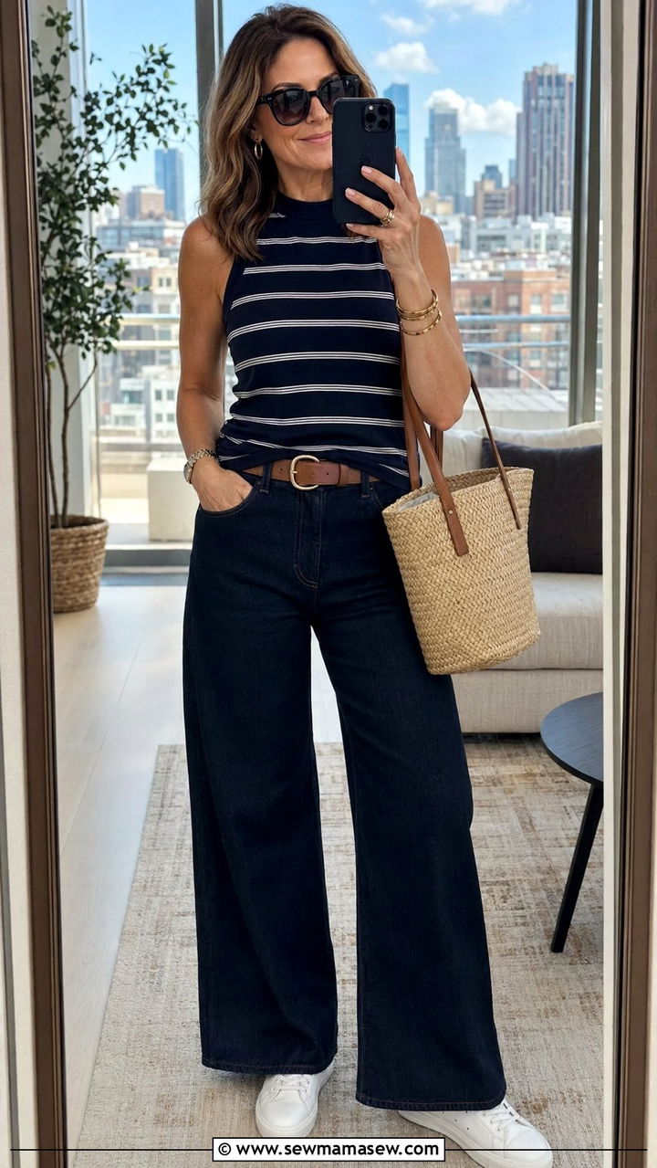 Striped Tank Top With Wide Leg Denim Outfit - 35 Modest outfits for women over 40