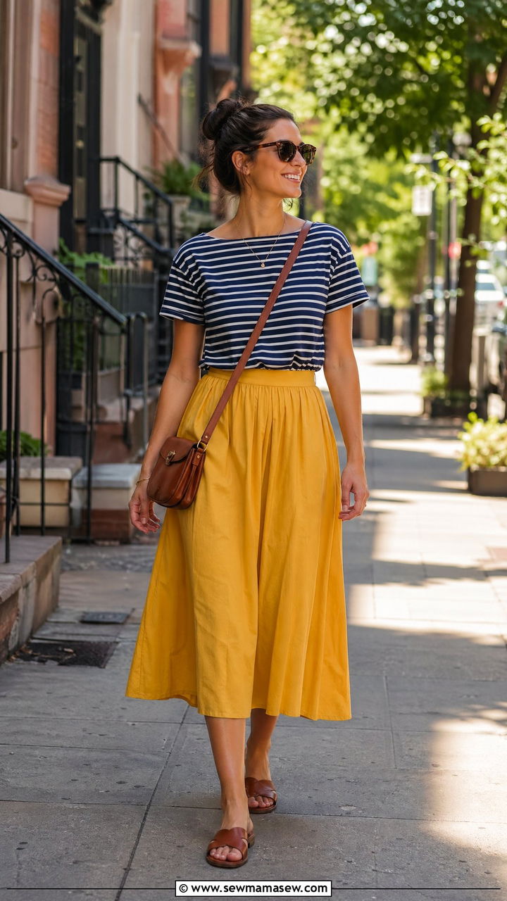 Striped Tee And Cotton Midi Skirt Outfit - 35 summer everyday outfit ideas