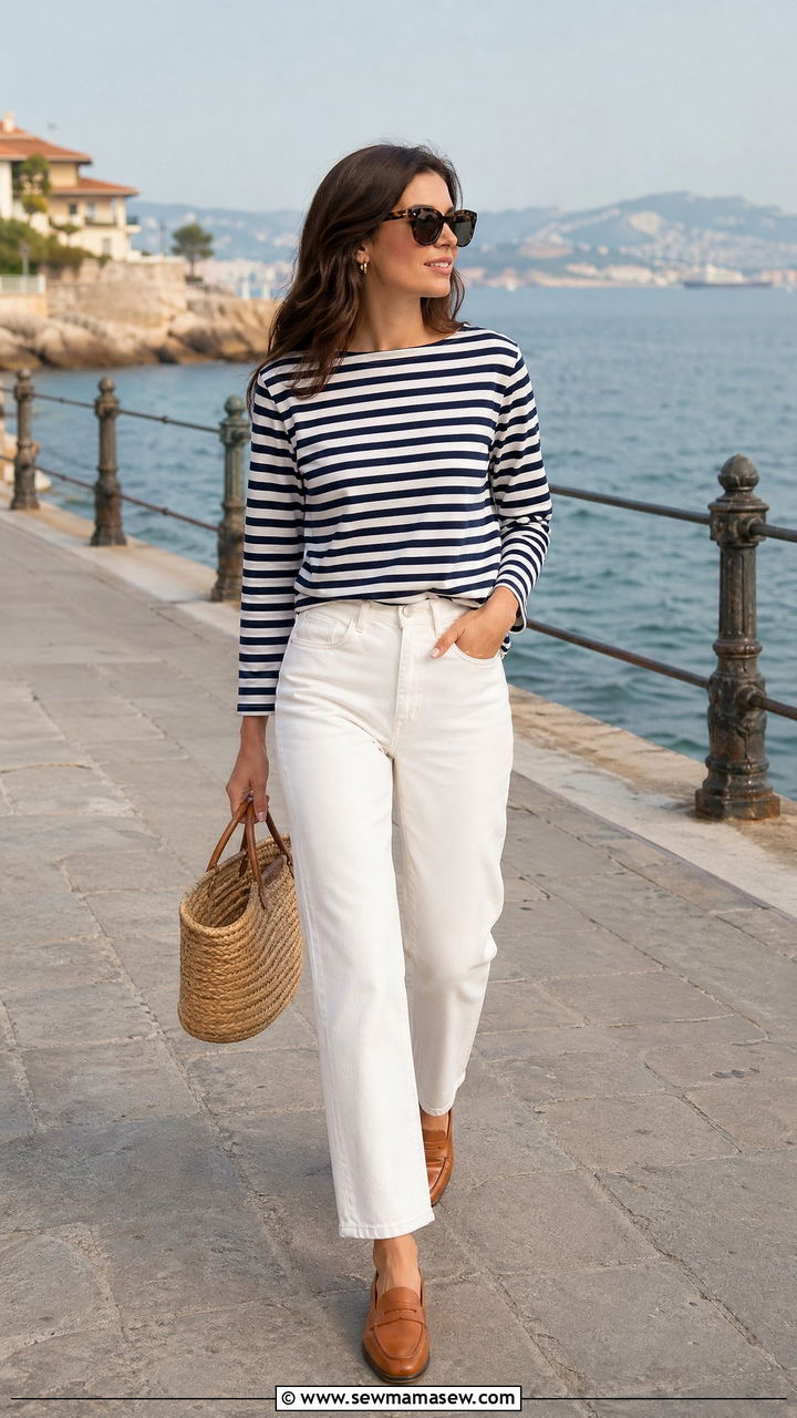 Striped Tee And White Jeans Walking Outfit - 35 walking outfit ideas for women