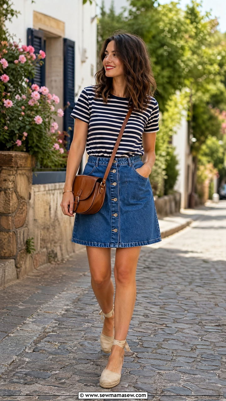 Striped Tee With Denim Skirt - 35 What to wear for a summer picnic