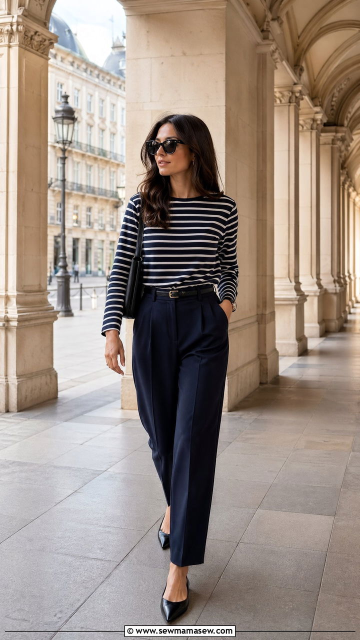 Striped Tee With Navy Tailored Trousers And Pointed Flats - 35 Vienna outfit ideas