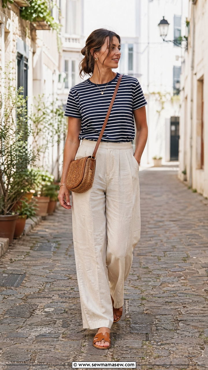 Striped Tee With Wide Leg Linen Trousers - 35 summer capsule wardrobe outfit ideas