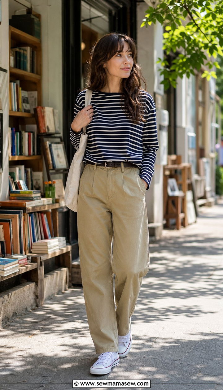 Striped Tee and Khaki Pants With Canvas Tote - 35 Normcore outfit ideas