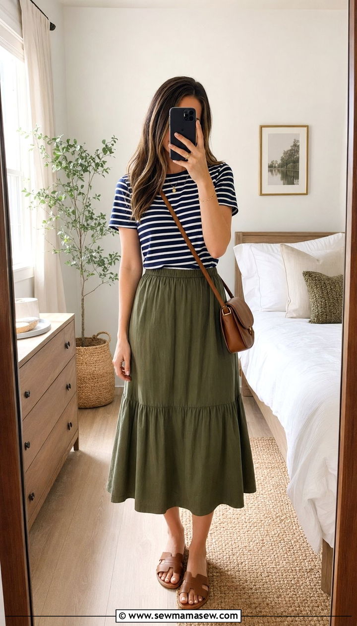 Striped Tee and Neutral Midi Skirt Spring Capsule Outfit - 30 10 piece spring capsule wardrobe