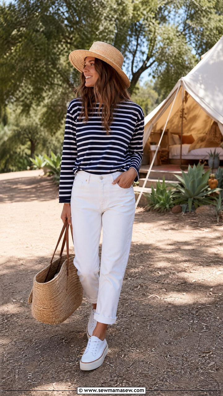 Striped Tee and White Jeans - 35 Summer camping outfit ideas