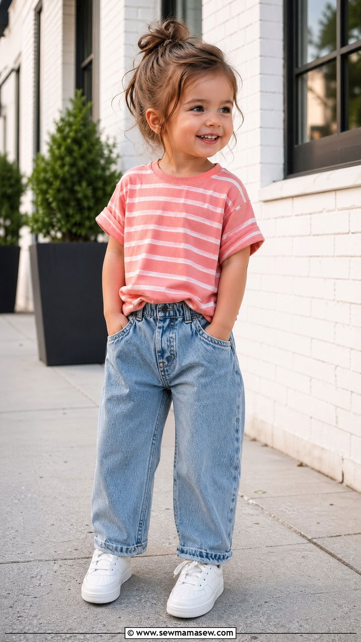 Striped Tee with Barrel Leg Jeans and Sneakers - 35 Spring outfits for toddlers