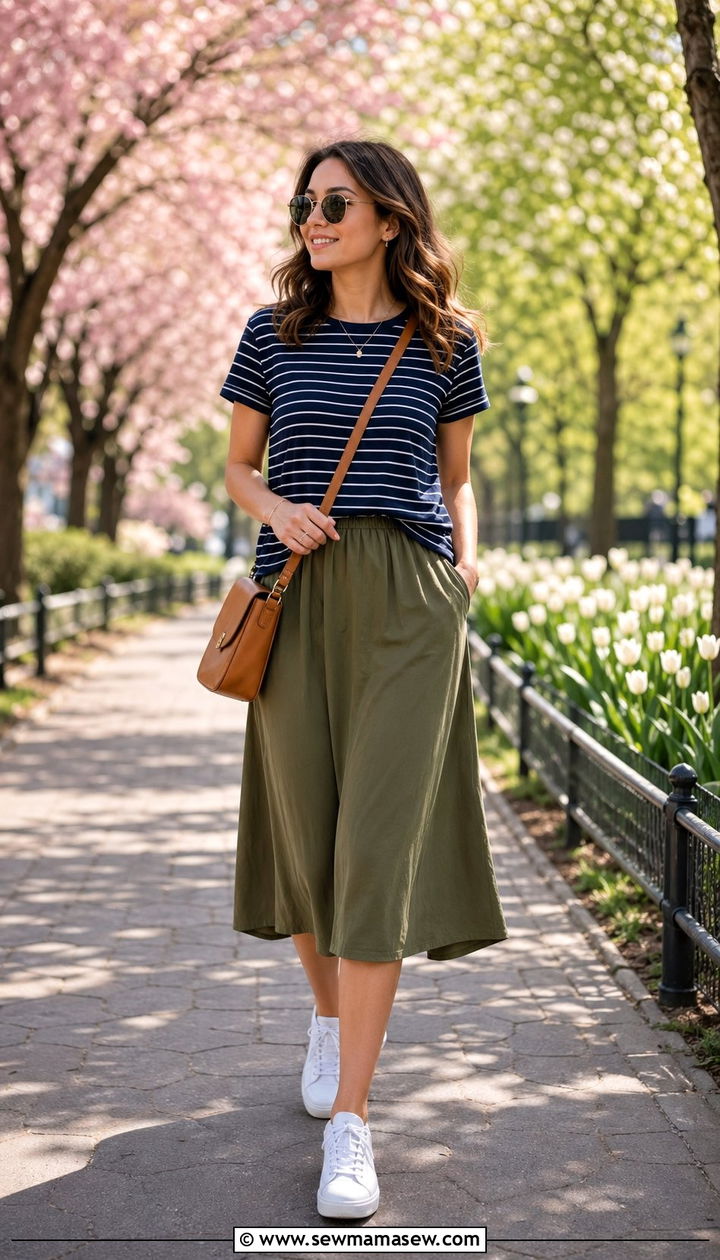 Striped Tee with Midi Skirt and Sneakers Spring Capsule Outfit - 30 10 piece spring capsule wardrobe