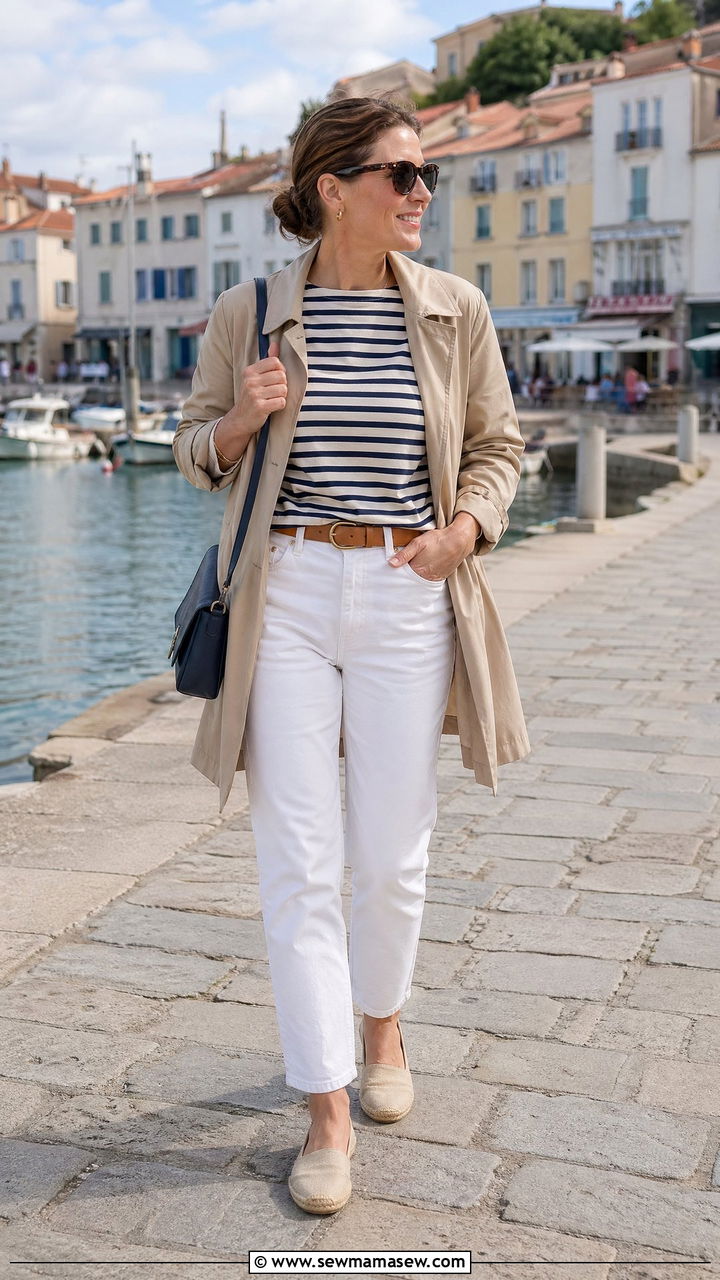 Striped Tee with White Jeans Travel Outfit - 35 Travel outfits for women over 40