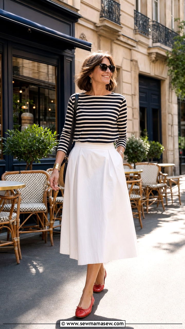 Striped Tee with White Midi Skirt and Red Ballet Flats - 35 Parisian outfits for women over 50